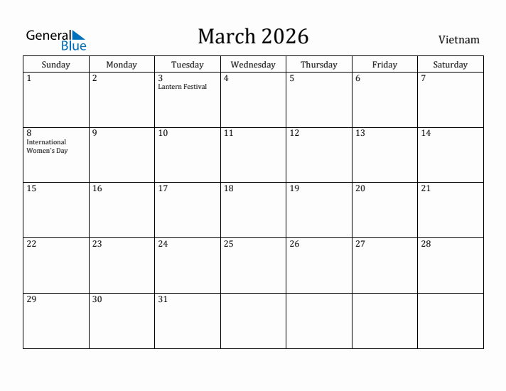 March 2026 Calendar Vietnam