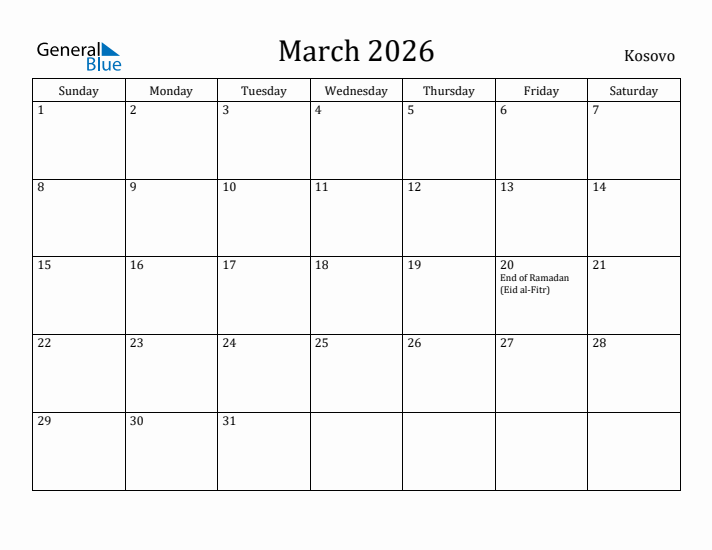 March 2026 Calendar Kosovo