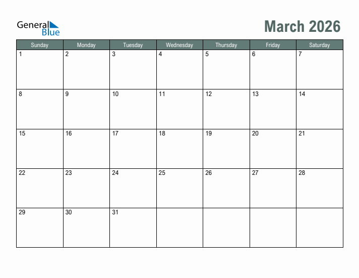 Free Printable March 2026 Calendar