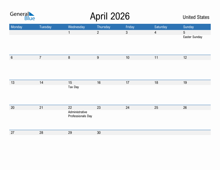 Editable April 2026 Calendar with United States Holidays