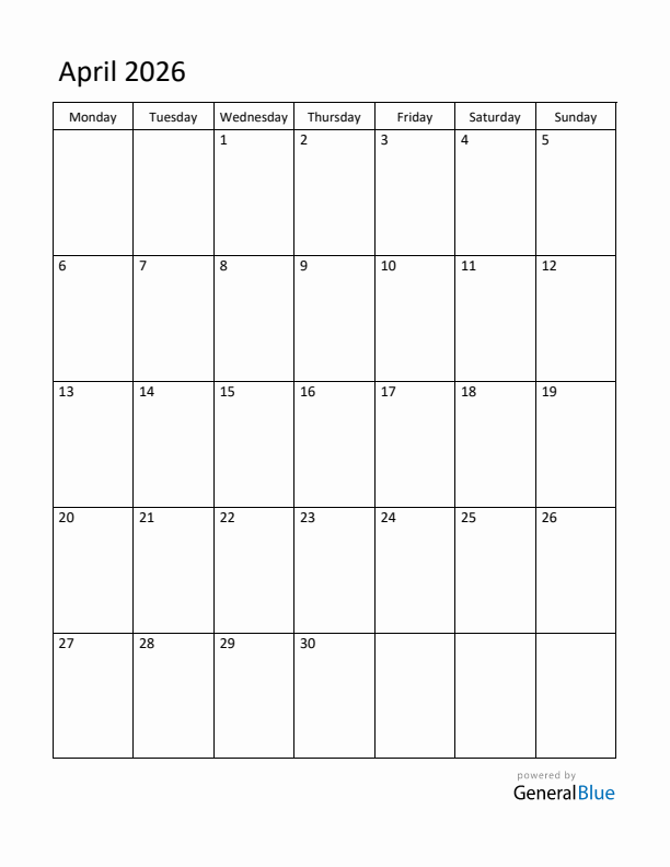 Monday Start Calendar for April 2026