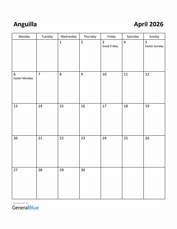 April 2026 Calendar with Anguilla Holidays
