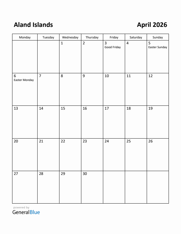 April 2026 Calendar with Aland Islands Holidays