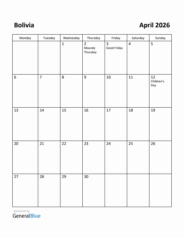 April 2026 Calendar with Bolivia Holidays