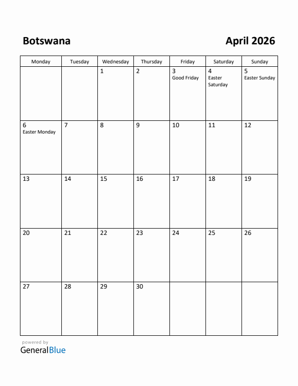 April 2026 Calendar with Botswana Holidays