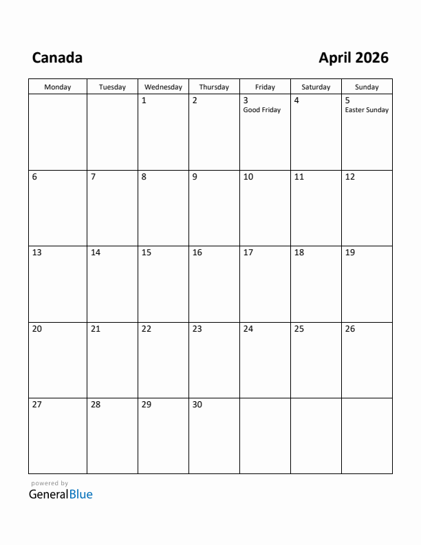 April 2026 Calendar with Canada Holidays