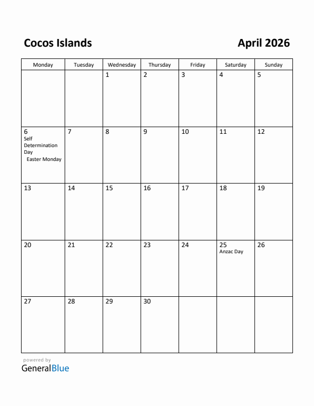 April 2026 Calendar with Cocos Islands Holidays