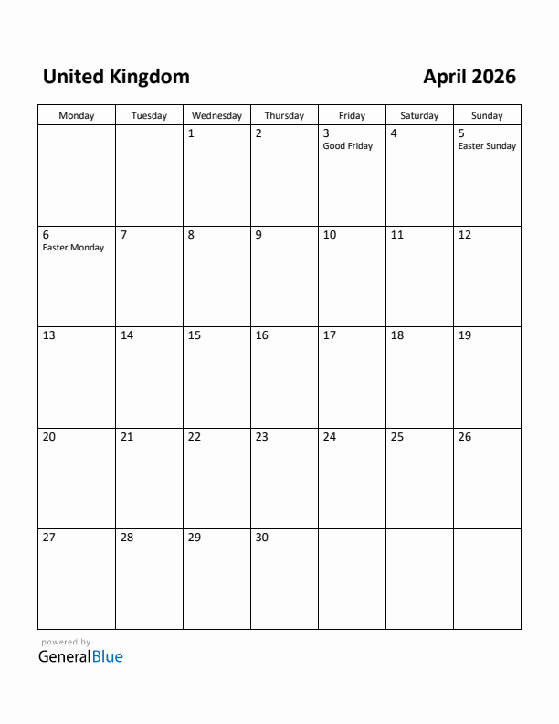 April 2026 Calendar with United Kingdom Holidays