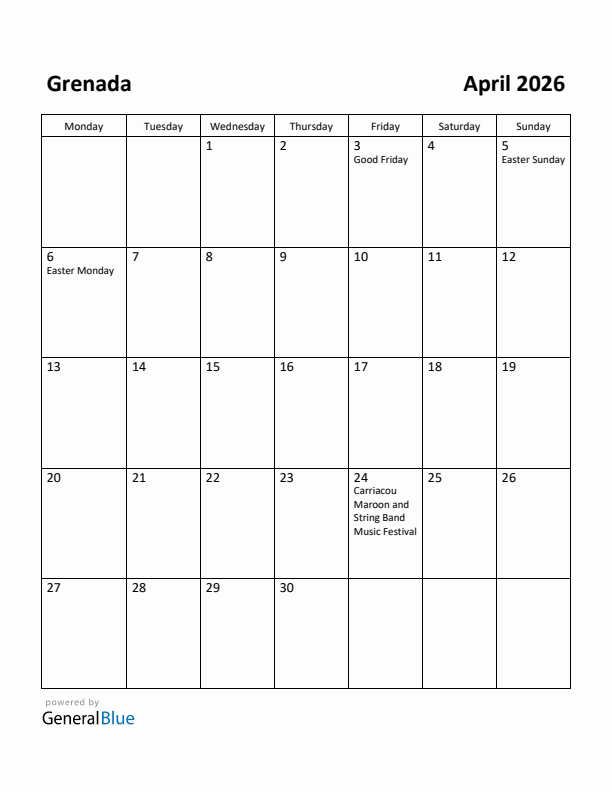 April 2026 Calendar with Grenada Holidays