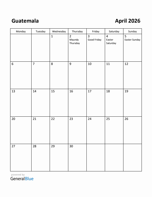 April 2026 Calendar with Guatemala Holidays