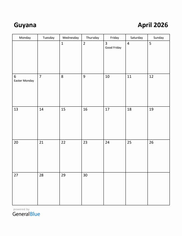 April 2026 Calendar with Guyana Holidays