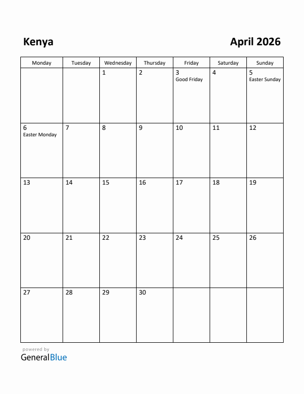 April 2026 Calendar with Kenya Holidays
