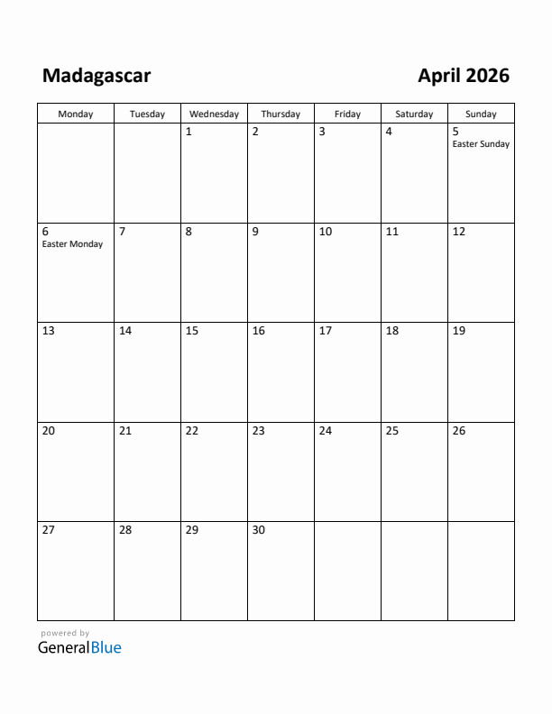April 2026 Calendar with Madagascar Holidays