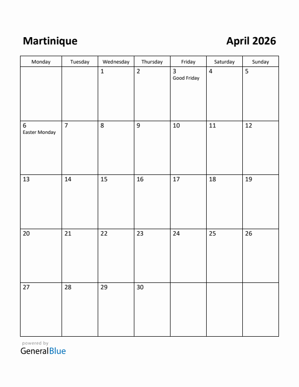 April 2026 Calendar with Martinique Holidays