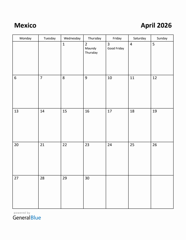 April 2026 Calendar with Mexico Holidays