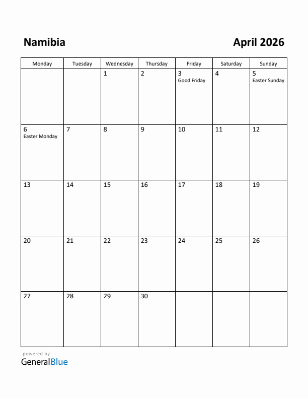 April 2026 Calendar with Namibia Holidays