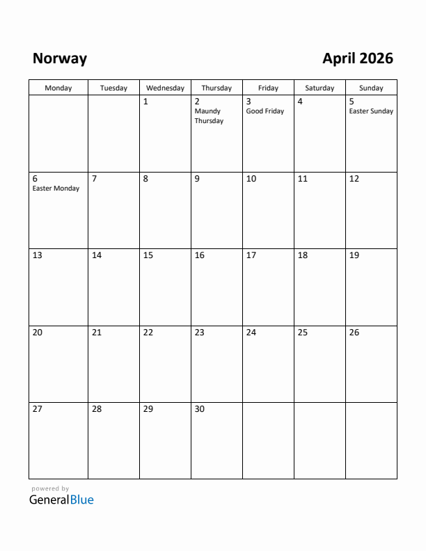 April 2026 Calendar with Norway Holidays