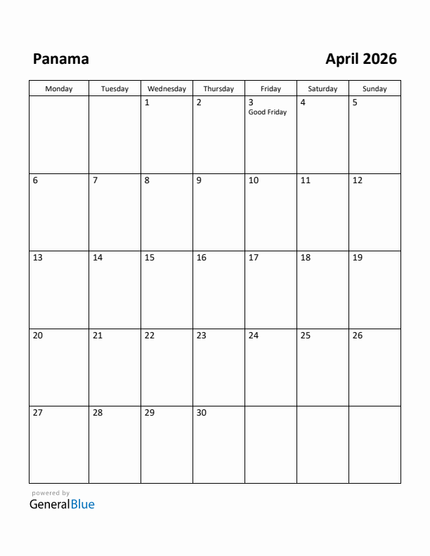 April 2026 Calendar with Panama Holidays