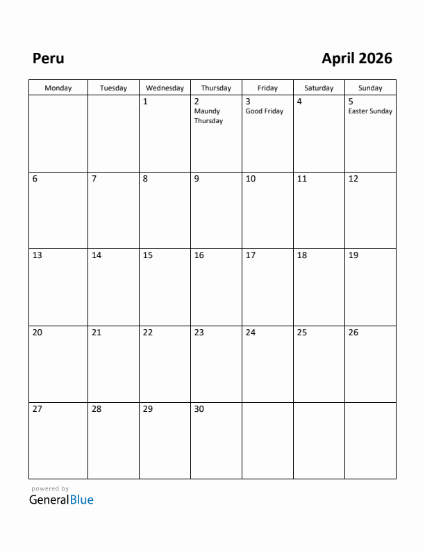 April 2026 Calendar with Peru Holidays
