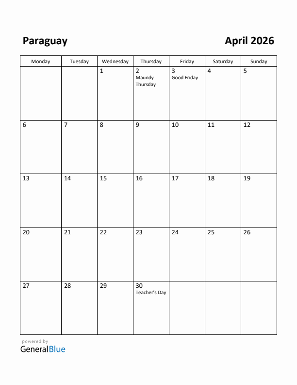 April 2026 Calendar with Paraguay Holidays
