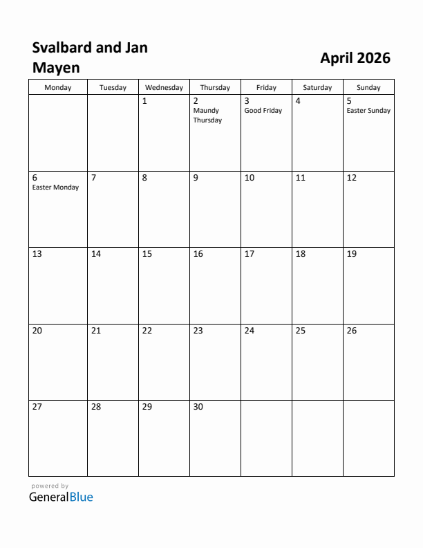 April 2026 Calendar with Svalbard and Jan Mayen Holidays