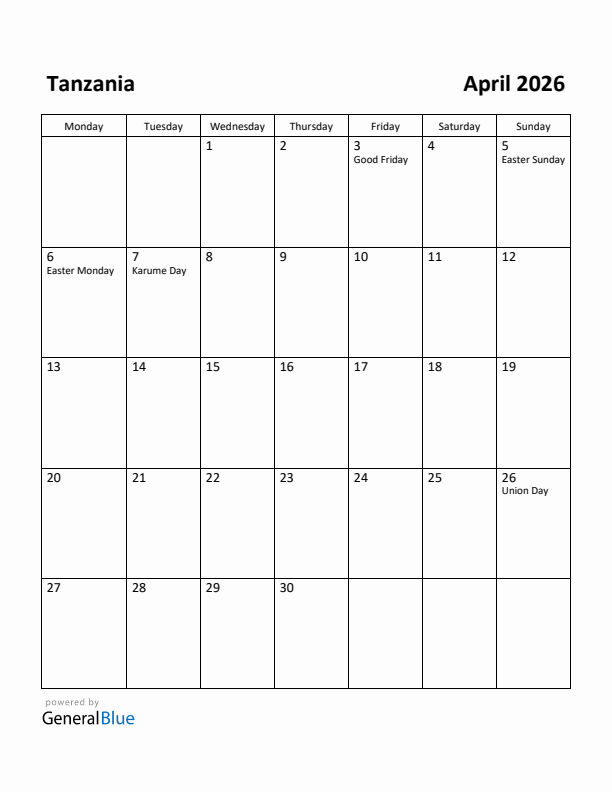 April 2026 Calendar with Tanzania Holidays