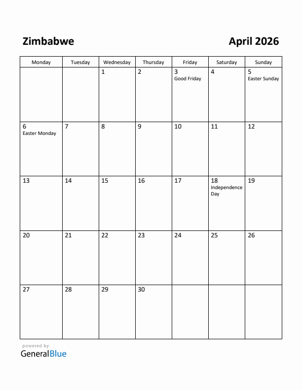 April 2026 Calendar with Zimbabwe Holidays