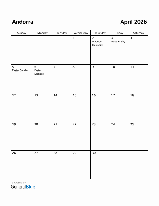 April 2026 Calendar with Andorra Holidays
