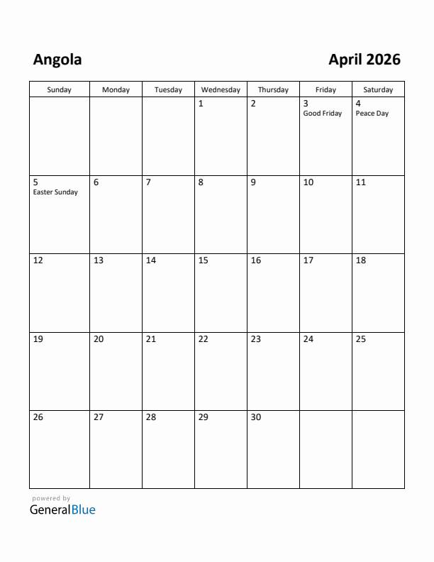 April 2026 Calendar with Angola Holidays