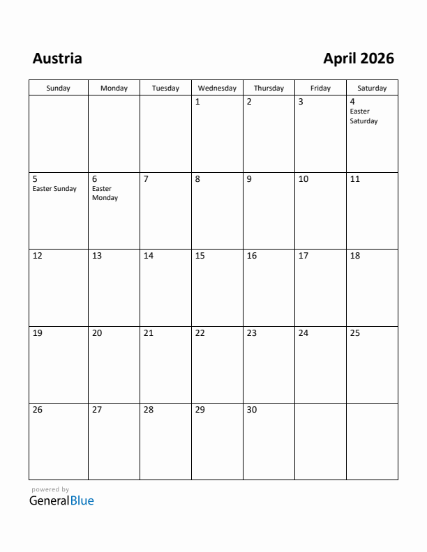 April 2026 Calendar with Austria Holidays