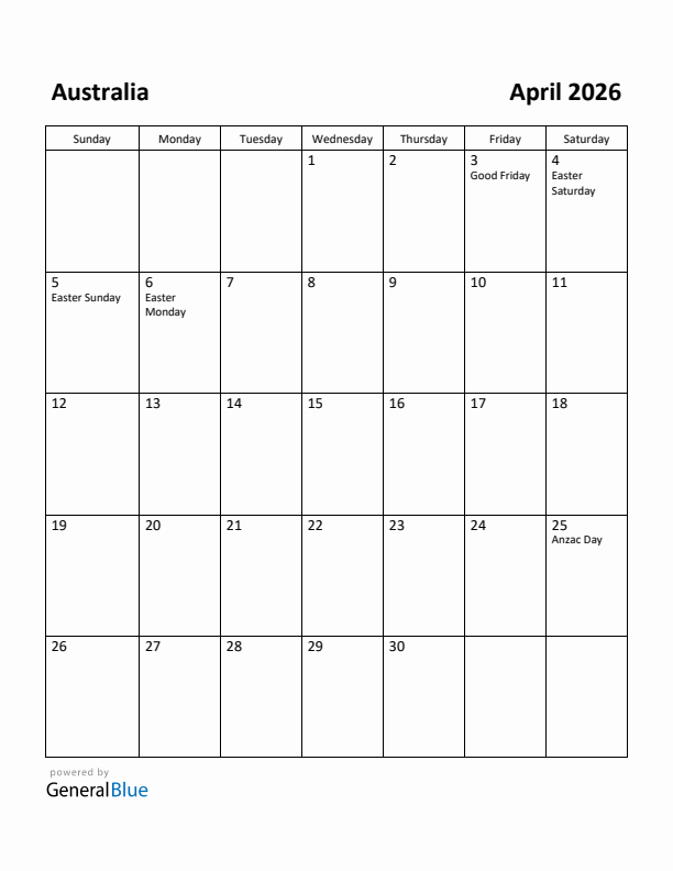 April 2026 Calendar with Australia Holidays