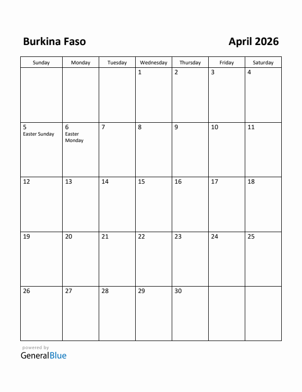 April 2026 Calendar with Burkina Faso Holidays