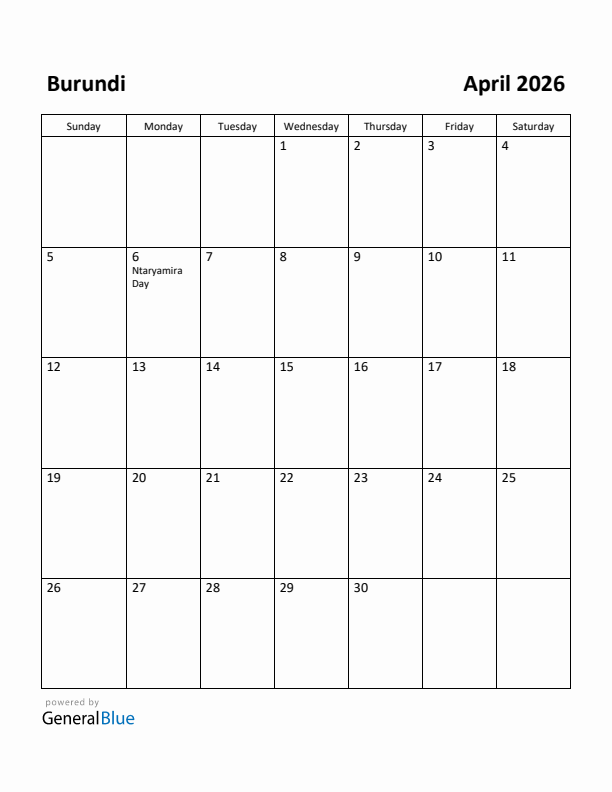 April 2026 Calendar with Burundi Holidays