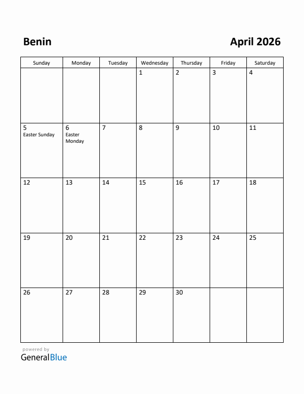 April 2026 Calendar with Benin Holidays