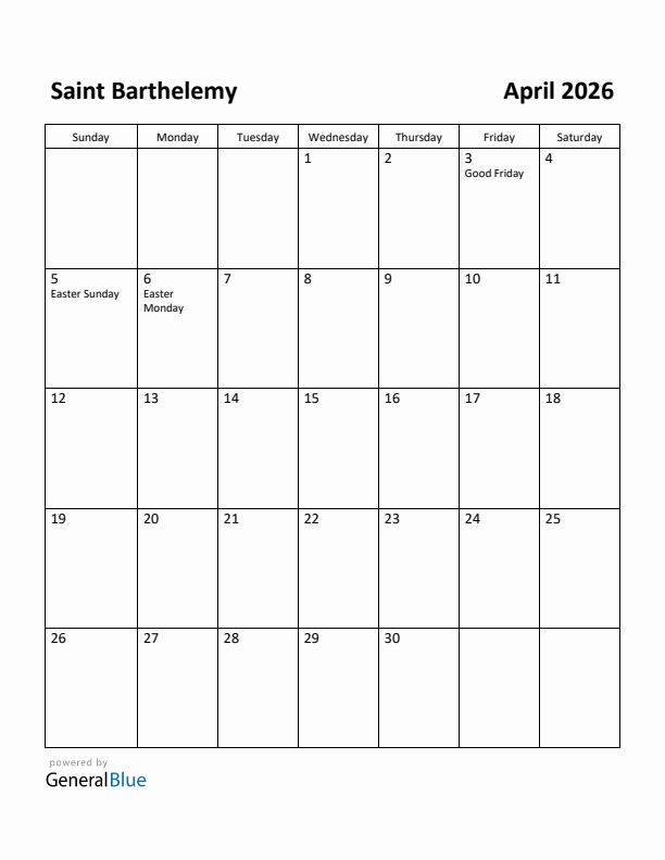 April 2026 Calendar with Saint Barthelemy Holidays