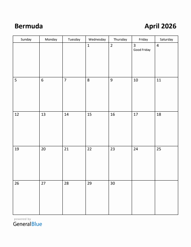 April 2026 Calendar with Bermuda Holidays