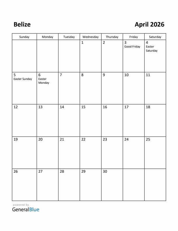 April 2026 Calendar with Belize Holidays