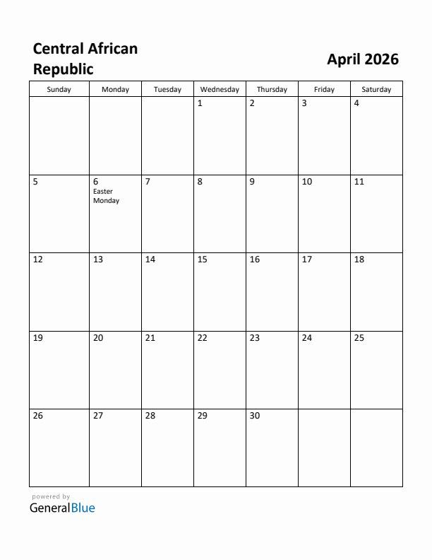 April 2026 Calendar with Central African Republic Holidays