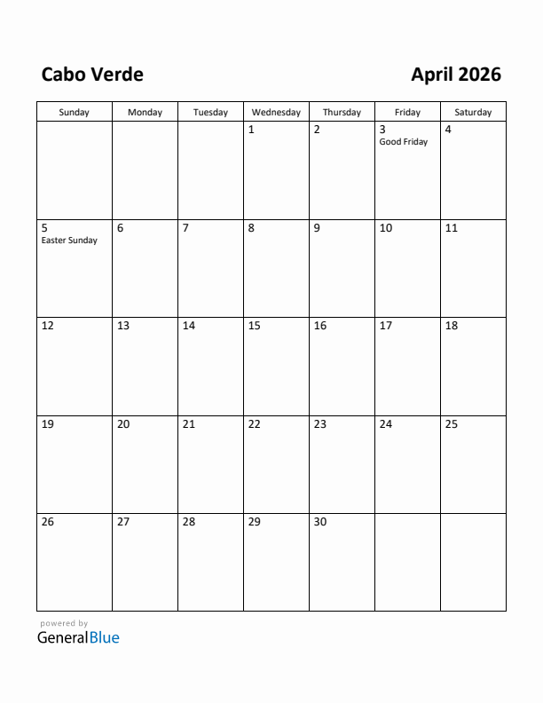 April 2026 Calendar with Cabo Verde Holidays