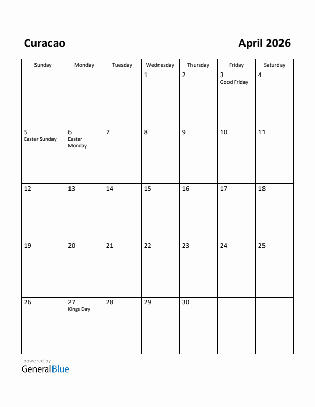 April 2026 Calendar with Curacao Holidays