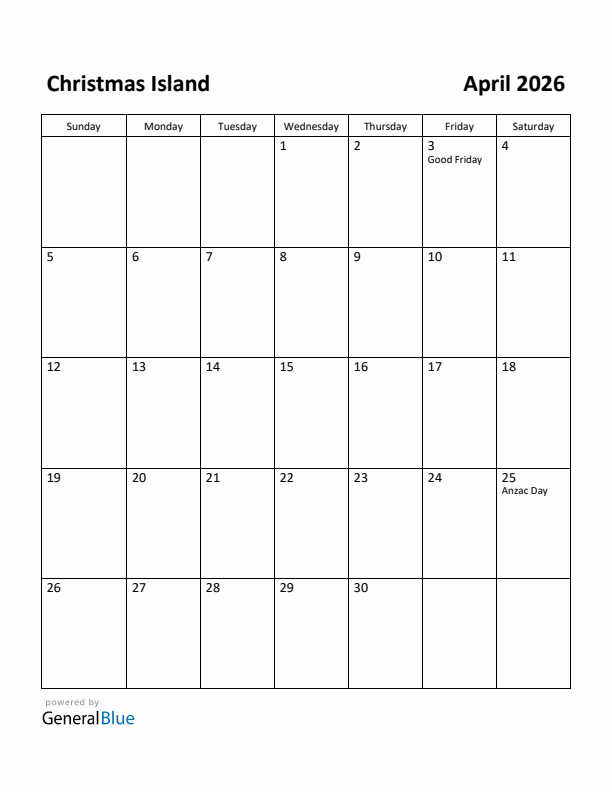 April 2026 Calendar with Christmas Island Holidays