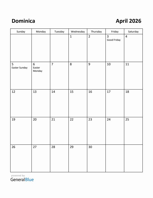 April 2026 Calendar with Dominica Holidays