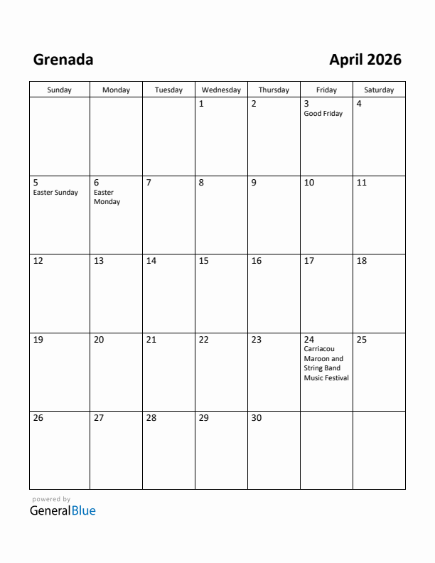 April 2026 Calendar with Grenada Holidays