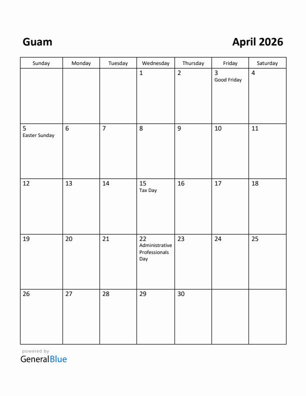April 2026 Calendar with Guam Holidays