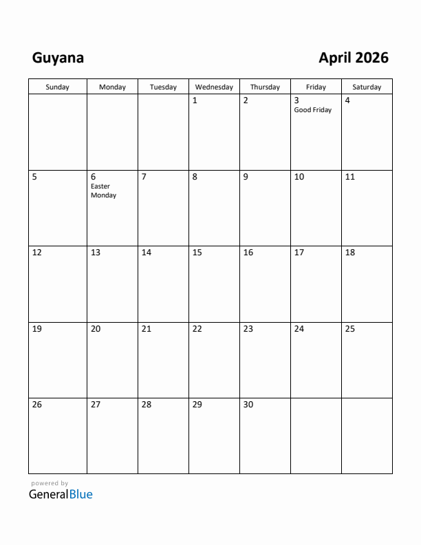 April 2026 Calendar with Guyana Holidays