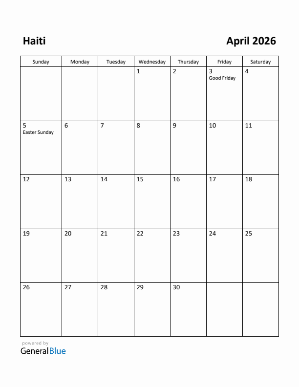 April 2026 Calendar with Haiti Holidays