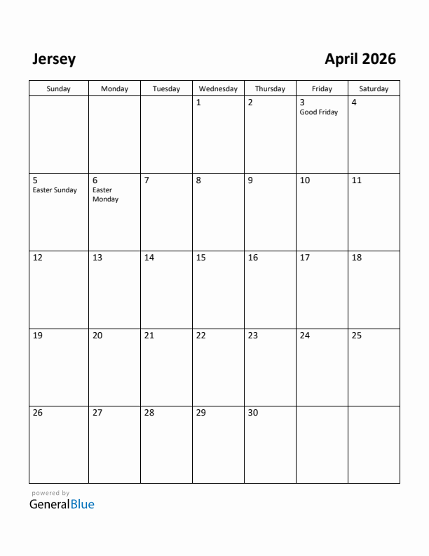 April 2026 Calendar with Jersey Holidays