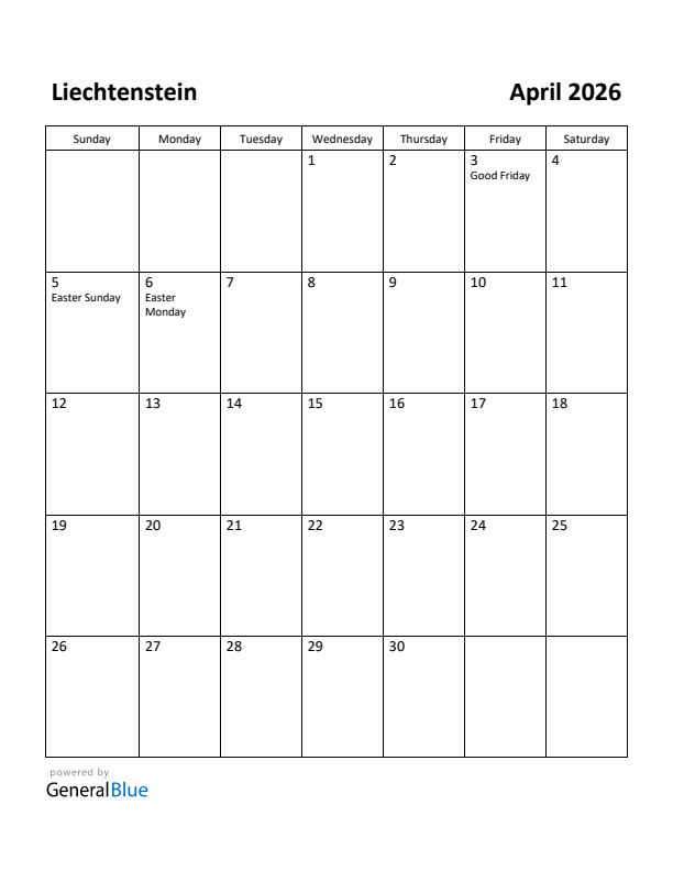 April 2026 Calendar with Liechtenstein Holidays