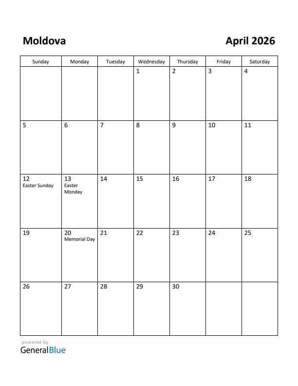 April 2026 Calendar with Moldova Holidays