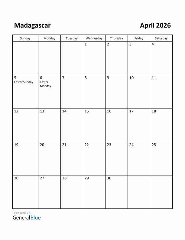 April 2026 Calendar with Madagascar Holidays